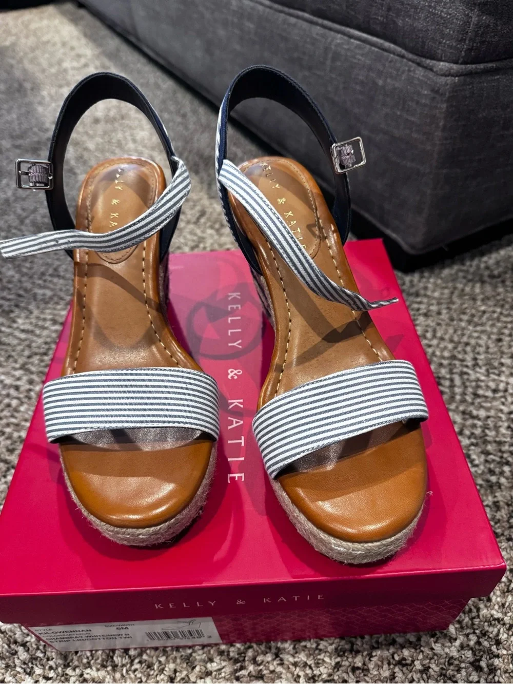 Kelly and Katie. Navy and White striped wedges